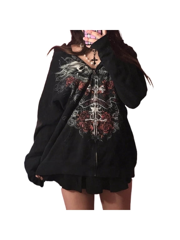 Zip up Jackets for Women Y2k Grunge Zipper Hoodie Women Oversized Emo Goth 2000s Graphic Baggy Sweatshirts Streetwear Black L