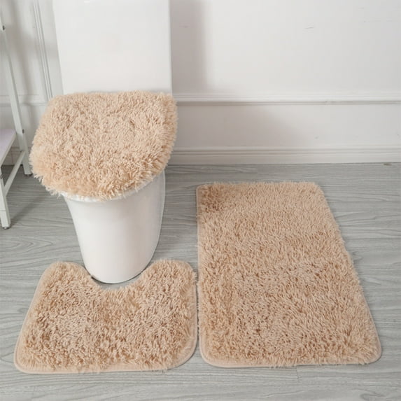 FASIAOU Shaggy 3-piece Bathroom Carpet Non Slip, Water Absorbent Bath Mat, Soft Shower Mat for Bathroom Floor & Tub, Fluffy Plush Bathroom Rugs Machine Washable, Khaki
