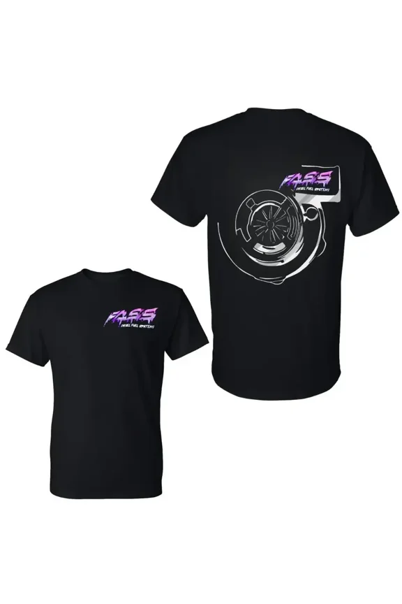 FASS Fuel Systems Turbo Graphic T Shirt, Neon Logo Boosted Car Scene 2 Sides Graphic Tee, Soft Cotton Blend Shirt, Streetwear Racing Lifestyle Apparel for Men and Women, Gift for Car Enthusiasts