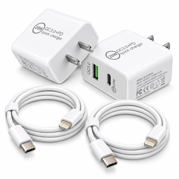 FAST CHARGING 20W WALL CHARGER SET, USB-C/USB-A UNIVERSAL POWER ADAPTER WITH 2 PD USB-C TO LIGHTING CABLES.