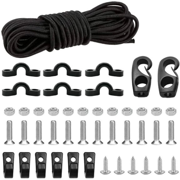 FASTBIRD Kayak Bungee Cord Deck Rigging Kit, 8 Feet Black Bungee Cord with Screws and 6 J-Hooks, Boat Canoe Accessory Outfitting Fishing Storage Bungee Kit Pad Eye with Screw and Lashing Hook