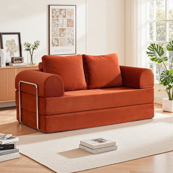 FASTES 63" Convertible Sofa Bed, 4 in 1 Folding Boneless Couch with Fixed-Shape Frame, Corduroy Loveseat Sleeper with Pull Out Bed, Floor Sofa Modular Futon Couch for Bedroom Lounge, Brown