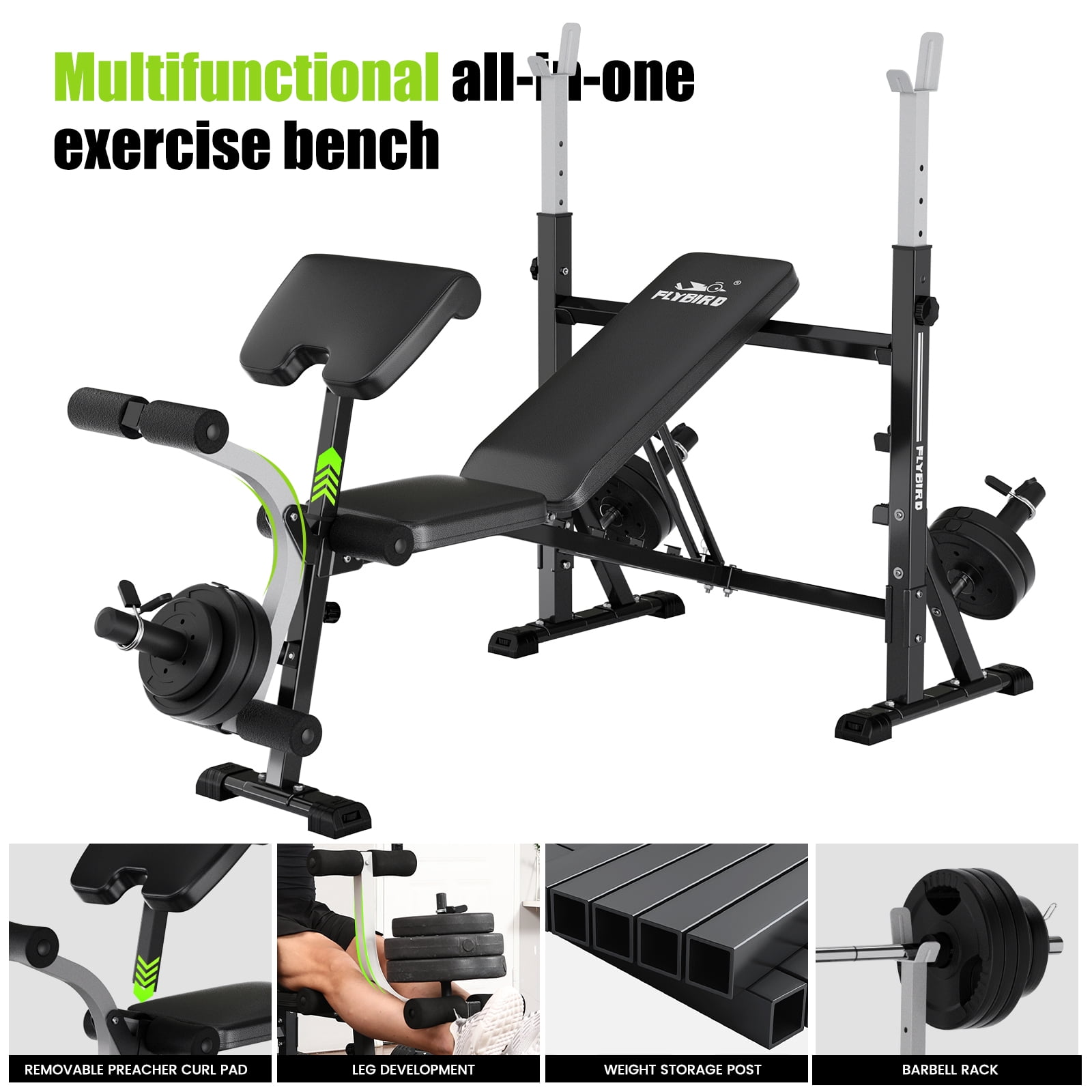 FASTES 7-in-1 Multi-Purpose Adjustable Weight Bench Workout Bench Press Set with Barbel Rack and Leg Developer for Home Gym Full Body Training