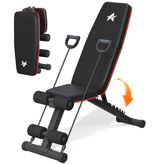 FASTES Adjustable Weight Bench for Home Gym, Folding Bench with Resistance Bands 600LBS Capacity for Chest Shoulders Arms Muscles, for Small Space Apartment Room