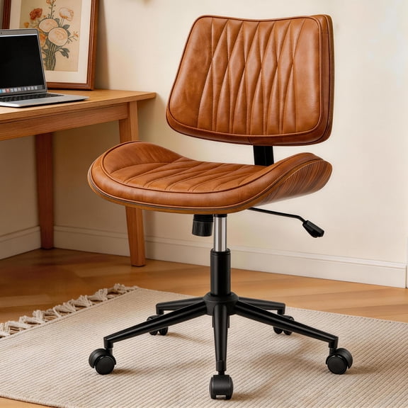 FASTES Armless Office Desk Chair, Ergonomic Desk Chair Mid-Century Modern Swivel Vanity Chair PU Leather Computer Task Chair for Small Space & Home Office, Brown