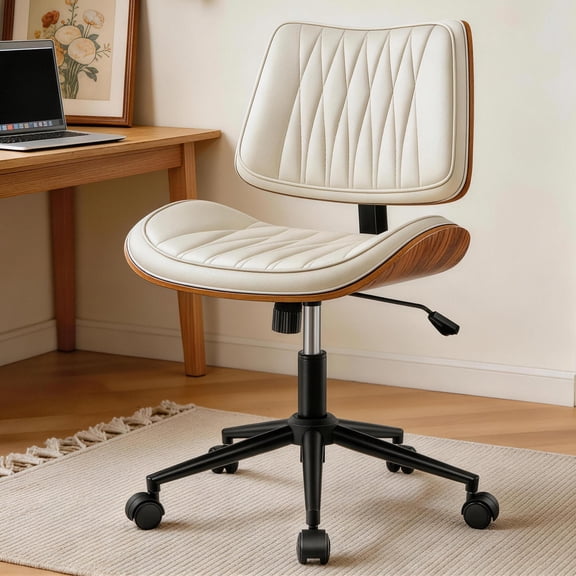 FASTES Armless Office Chair, Ergonomic Desk Chair Mid-Century Modern Home Vanity Chair Faux Leather Accent Computer Chairs Adjustable Height Swivel, White