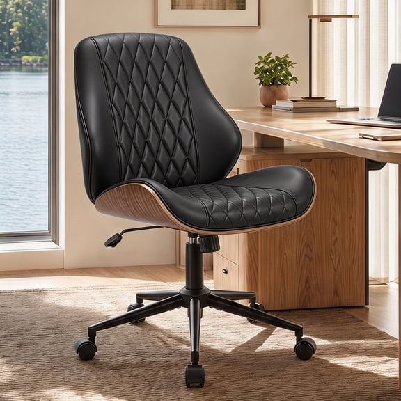 FASTES Leather Office Chair, Armless Office Desk Chair Mid Back Modern Chair with Wheels for Home Office, Black
