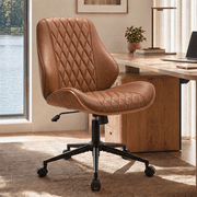 FASTES Leather Office Chair, Armless Office Desk Chair Mid Back Modern Chair with Wheels for Home Office, Brown