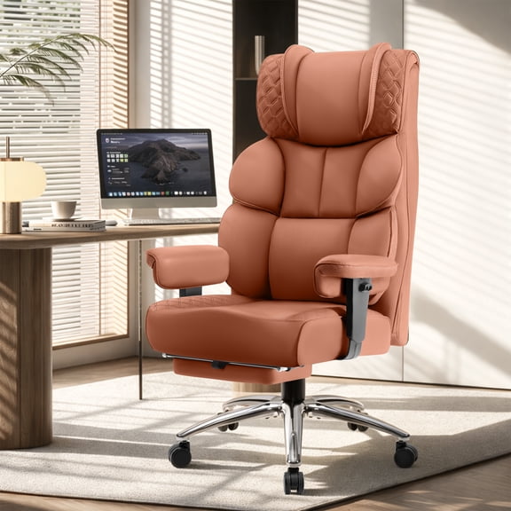 FASTES Office Chair, Big and Tall Desk Chairs with Footrest 400lbs Gaming Chair Ergonomic Executive High-Back Reclining Computer Chair Swivel Wheels and Padded Lumbar Support, Brown