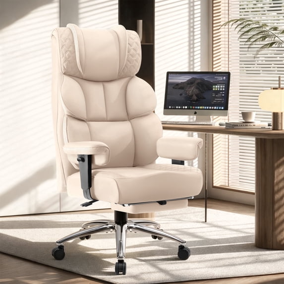FASTES Office Chair, Big and Tall Desk Chairs with Footrest 400lbs Leather Gaming Chair Ergonomic Executive High-Back Reclining Computer Chair Swivel Wheels and Padded Lumbar Support, White