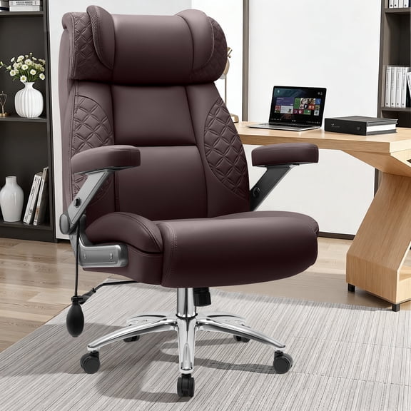 FASTES Leather Office Chair Big and Tall Desk Office Chair, 500lbs Computer Chair Ergonomic Extra Wide Gaming Chair with Adjustable Lumbar Support 5D Flip Arms,Coffee