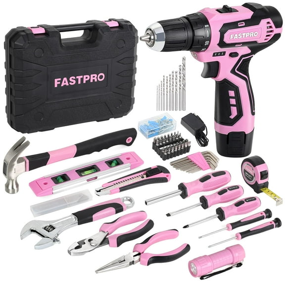 FASTPRO 160-Piece Pink Tool Set with 12V Cordless Lithium-ion Drill Driver, Lady's Home Repairing Tool Kit with Drill in Storage Case, For DIY, Home Maintenance