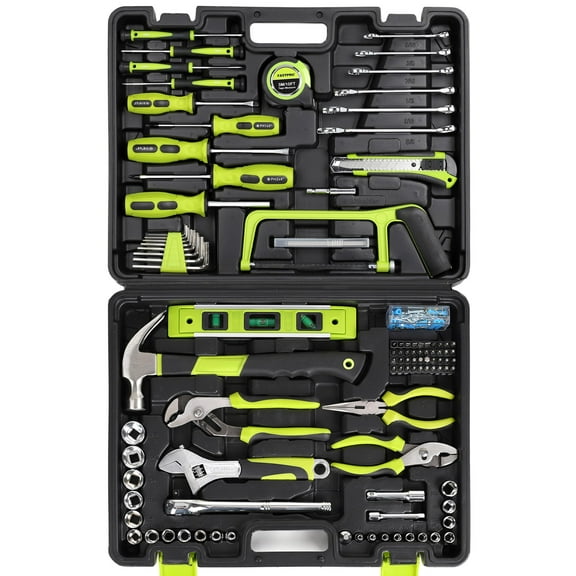 FASTPRO 198-Piece Household Tool Set, Home Repairing Tool Set with Toolbox, SAE Mechanics Hand Tool Kit for DIY, Home Maintenance, Green