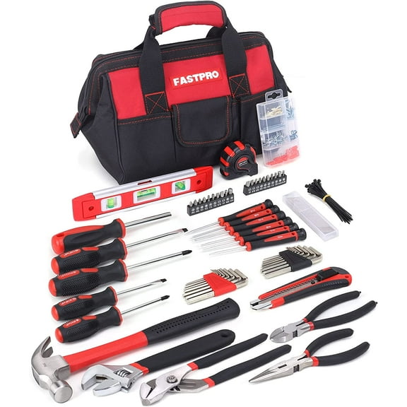 FASTPRO 215-Piece Home Repairing Tool Set with 12-Inch Wide Mouth Open Storage Bag,Household Hand Tool Kit,Red