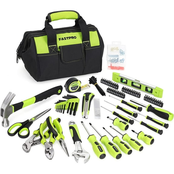 FASTPRO 220-Piece Home Tool Set, Household Repairing Tool Kit, with 12-Inch Wide Mouth Open Storage Tool Bag, Green
