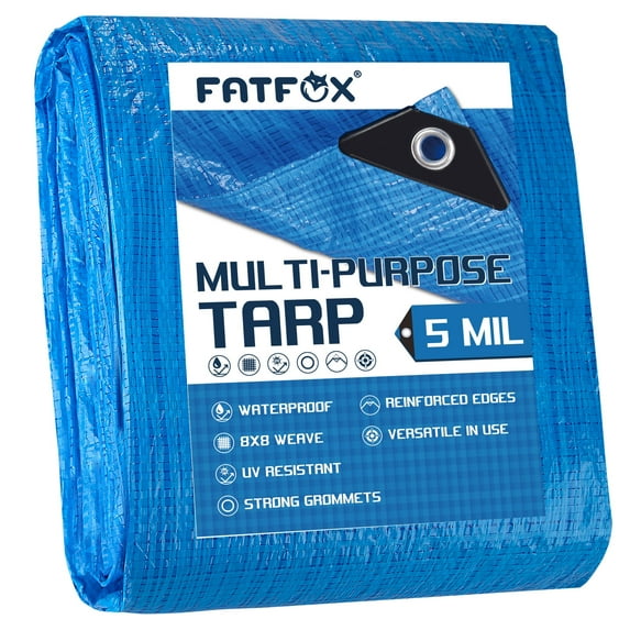 FATFOX Finished Size 10x10 feet Blue Poly Tarp 5 mil Thick, Multipurpose Protective Cover for Camping, Tent, Boat, RV, Car