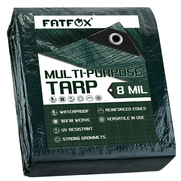 FATFOX Finished Size 12x24 feet Waterproof Green Tarp 8 mil Thick, Multipurpose Protective Cover for Emergency Rain Shelter Camping Tarpaulin