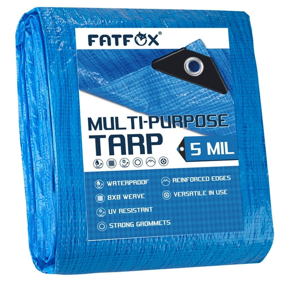 FATFOX Finished Size 15x15 feet Blue Poly Tarp 5 mil Thick, Multipurpose Protective Cover for Camping, Tent, Boat, RV, Car