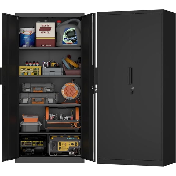 FATIGOS 71" H Metal Garage Storage Cabinets, Locking Black Storage Cabinet with Doors and Shelves, Metal Tall Utility Cabinets for Garage, Kitchen, Office