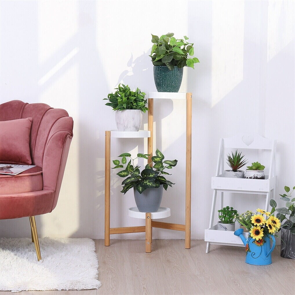 Natural Bamboo and White 3-Tier Plant Stand for Succulents