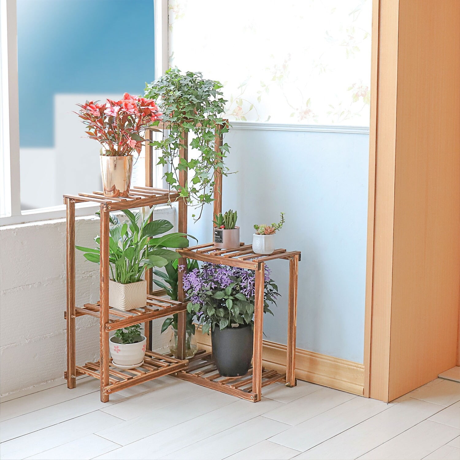 Brown Pine 6-Tier Corner Plant Stand Shelf
