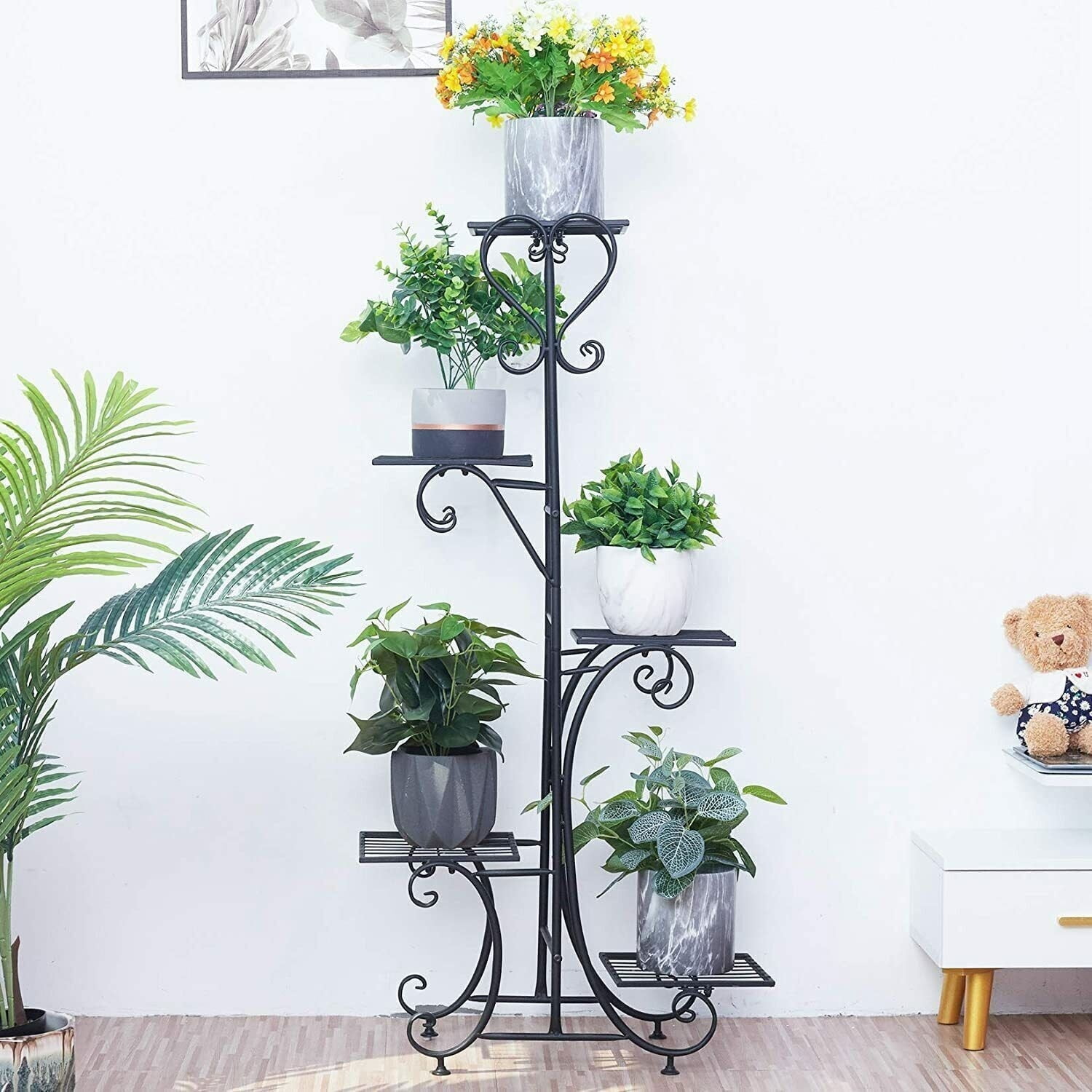 Tall Black Iron 5-Tier Plant Stand with Curved Design
