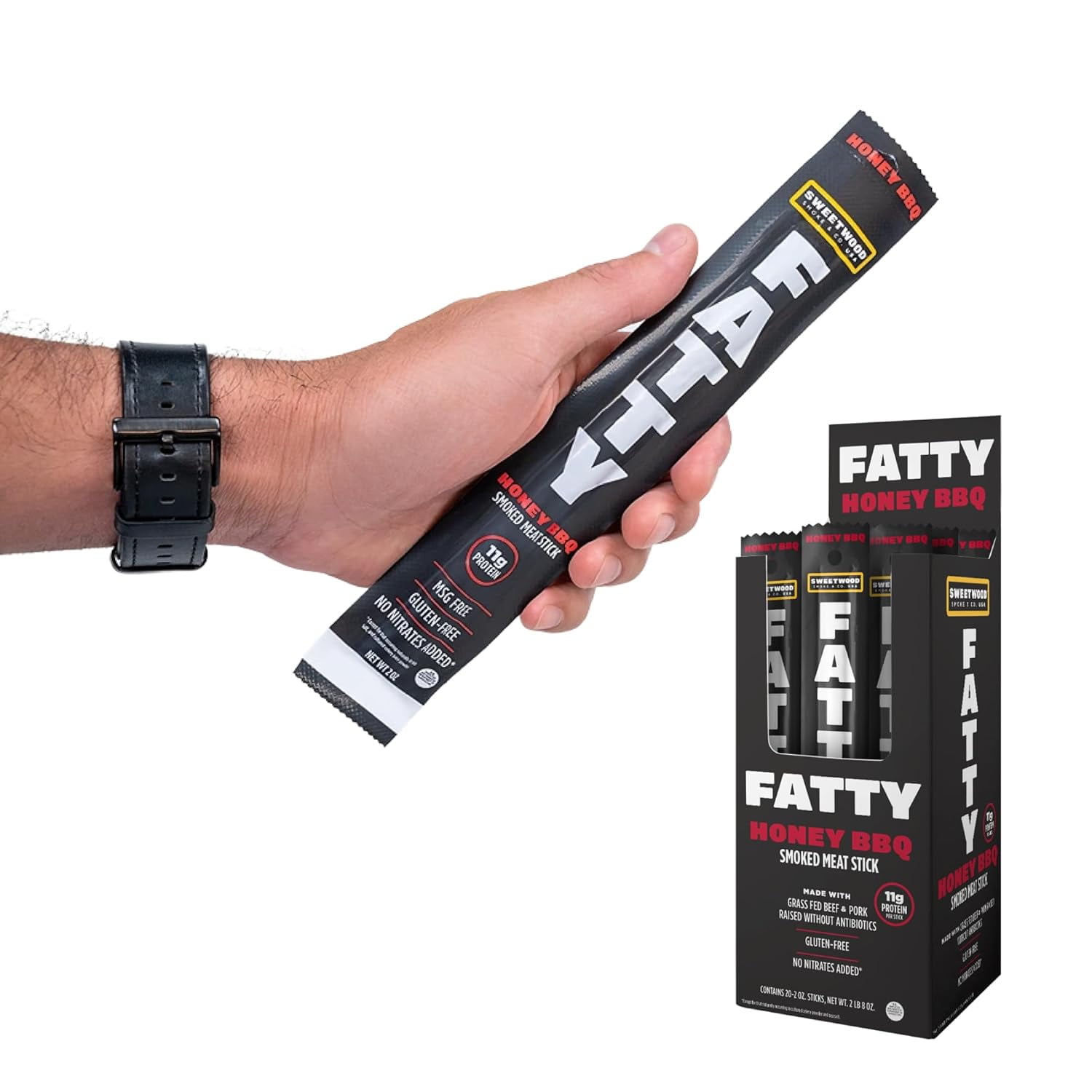 FATTY Meat Jerk Sticks, Grass-Fed Beef, High Protein Snack, Camping, Sports, Road Trip, Low Carb, Gluten Free, MSG Free, Nitrate Free, Honey BBQ Flavor, 2 Ounce (Pack of 20)