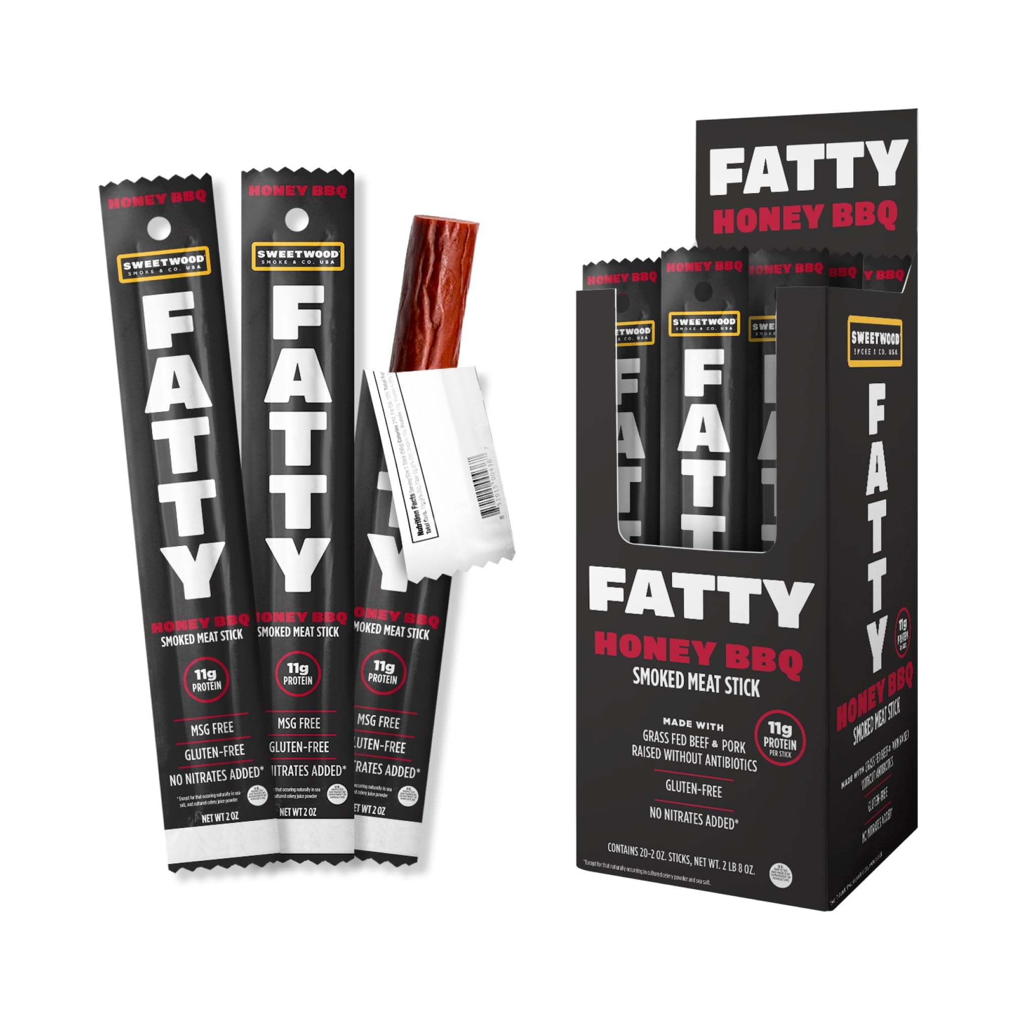 FATTY Meat Jerk Sticks, Grass-Fed Beef, High Protein Snack, Camping, Sports, Road Trip, Low Carb, Gluten Free, MSG Free, Nitrate Free, Honey BBQ Flavor, 2 Ounce (Pack of 20)