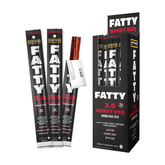 FATTY Meat Sticks, Grass-Fed Beef, High Protein Snack, Camping, Sports, Road Trip, Low Carb, Gluten Free, MSG Free, Nitrate Free, Honey BBQ Flavor, 3 Ounce (Pack of 20)