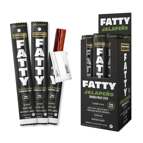 FATTY Meat Sticks, Grass-Fed Beef, High Protein Snack, Camping, Sports, Road Trip, Low Carb, Gluten Free, MSG Free, Nitrate Free, Jalapeno Flavor, 2 Ounce (Pack of 20)