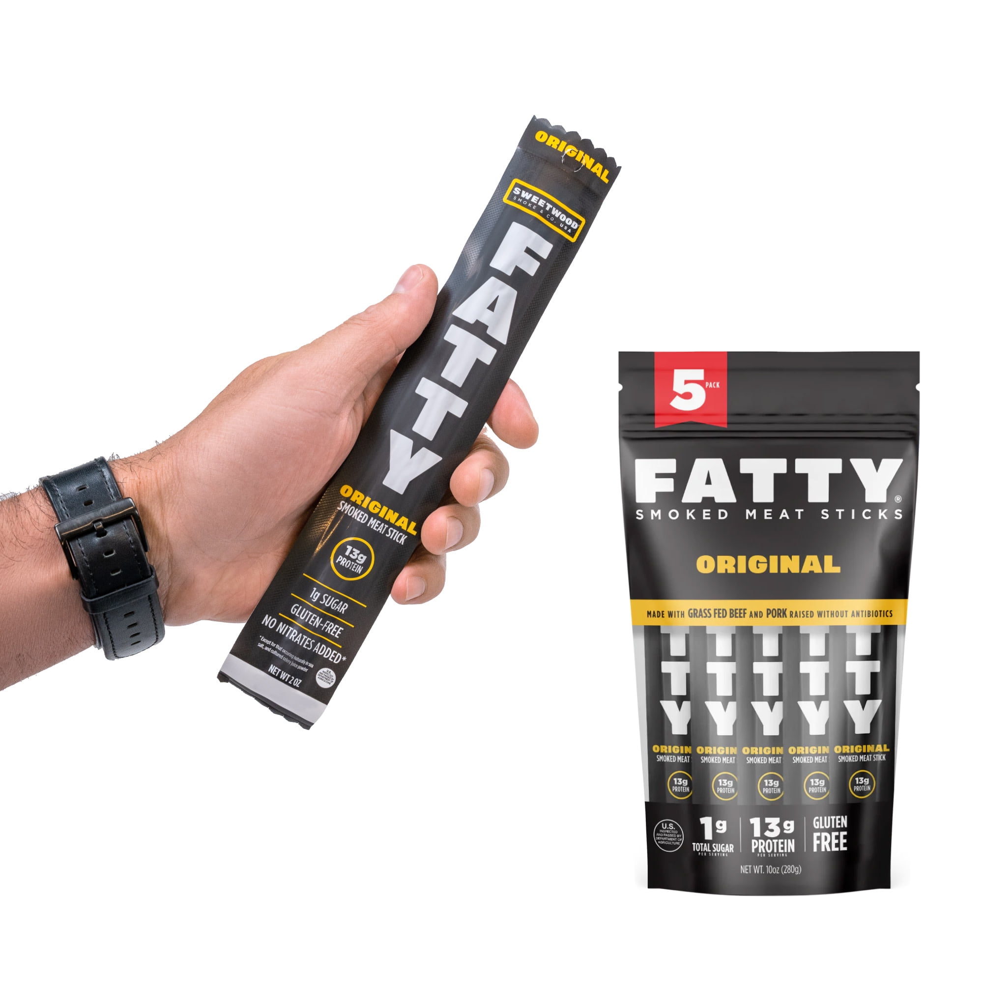 FATTY Meat Sticks Original Flavor, Grass Fed Beef, 2 oz. (Pack of 5)