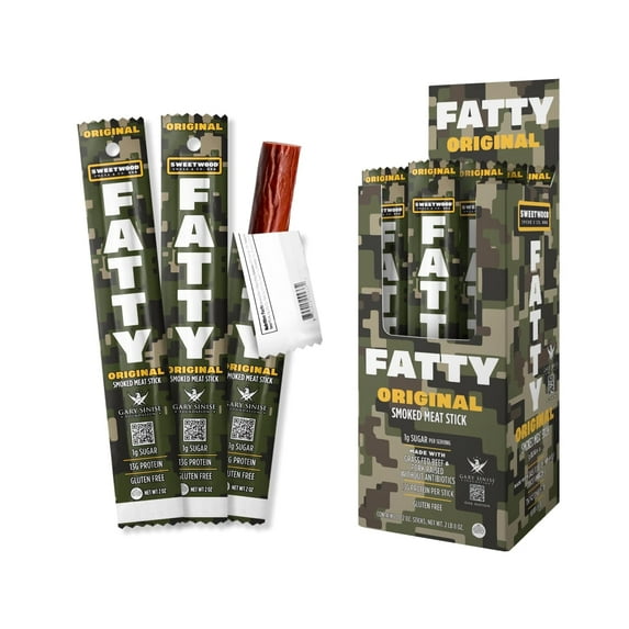 FATTY Meat Sticks, Grass-Fed Beef, High Protein Snack, Camping, Sports, Road Trip, Low Carb, Gluten Free, MSG Free, Nitrate Free, Original Flavor, 2oz, 20 Pack (Camo Packaging)
