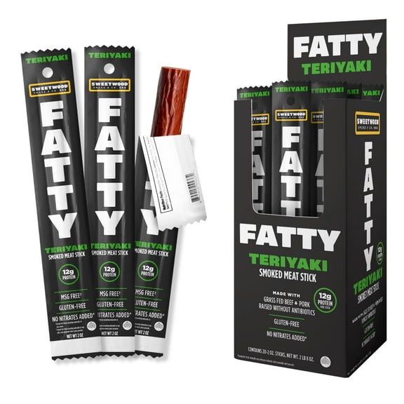 FATTY Meat Sticks, Grass-Fed Beef, High Protein Snack, Camping, Sports, Road Trip, Low Carb, Gluten Free, MSG Free, Nitrate Free, Teriyaki Flavor, 2 Ounce (Pack of 20)