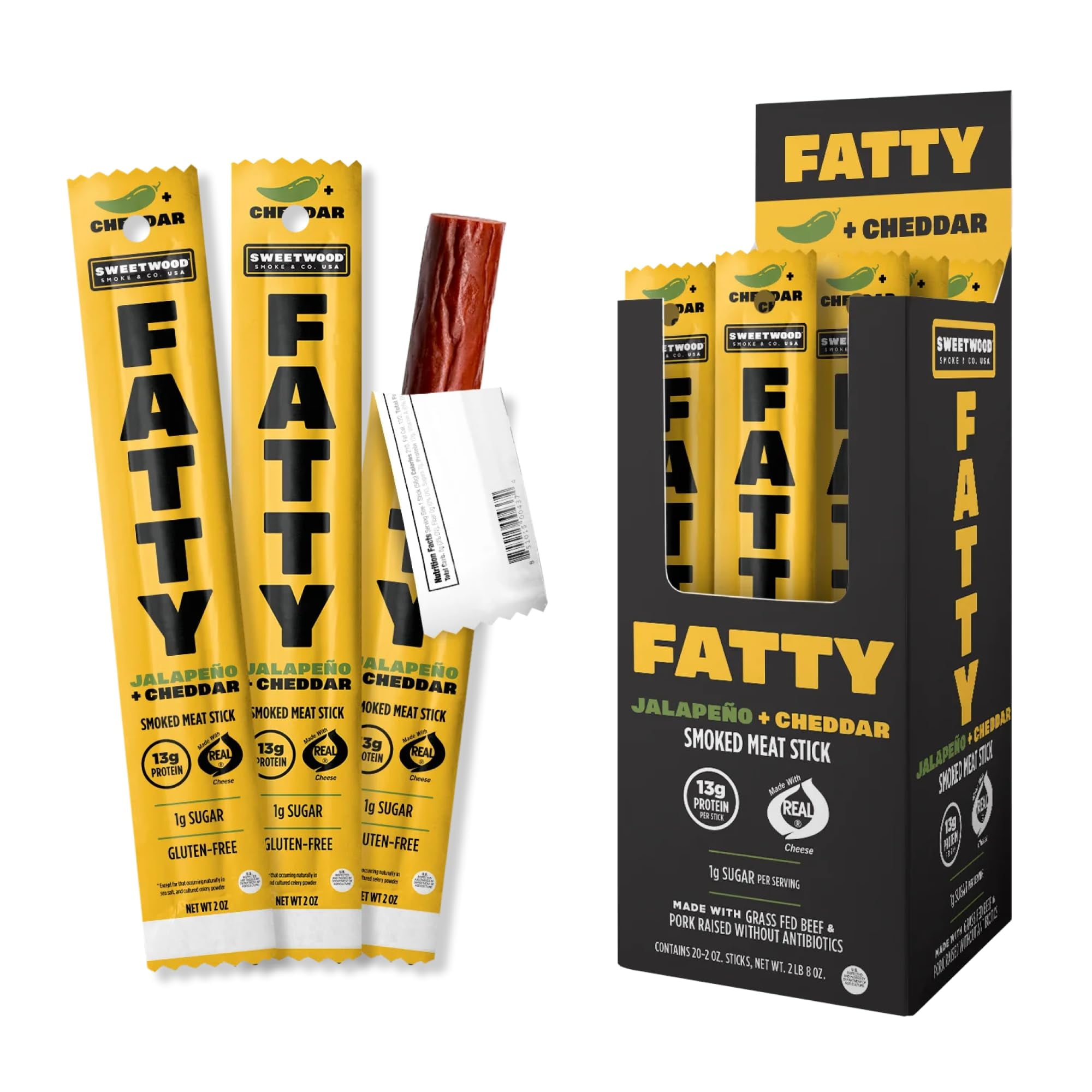 FATTY Meat Sticks, GrassFed Beef, Jalapeno & Cheddar Flavor, High