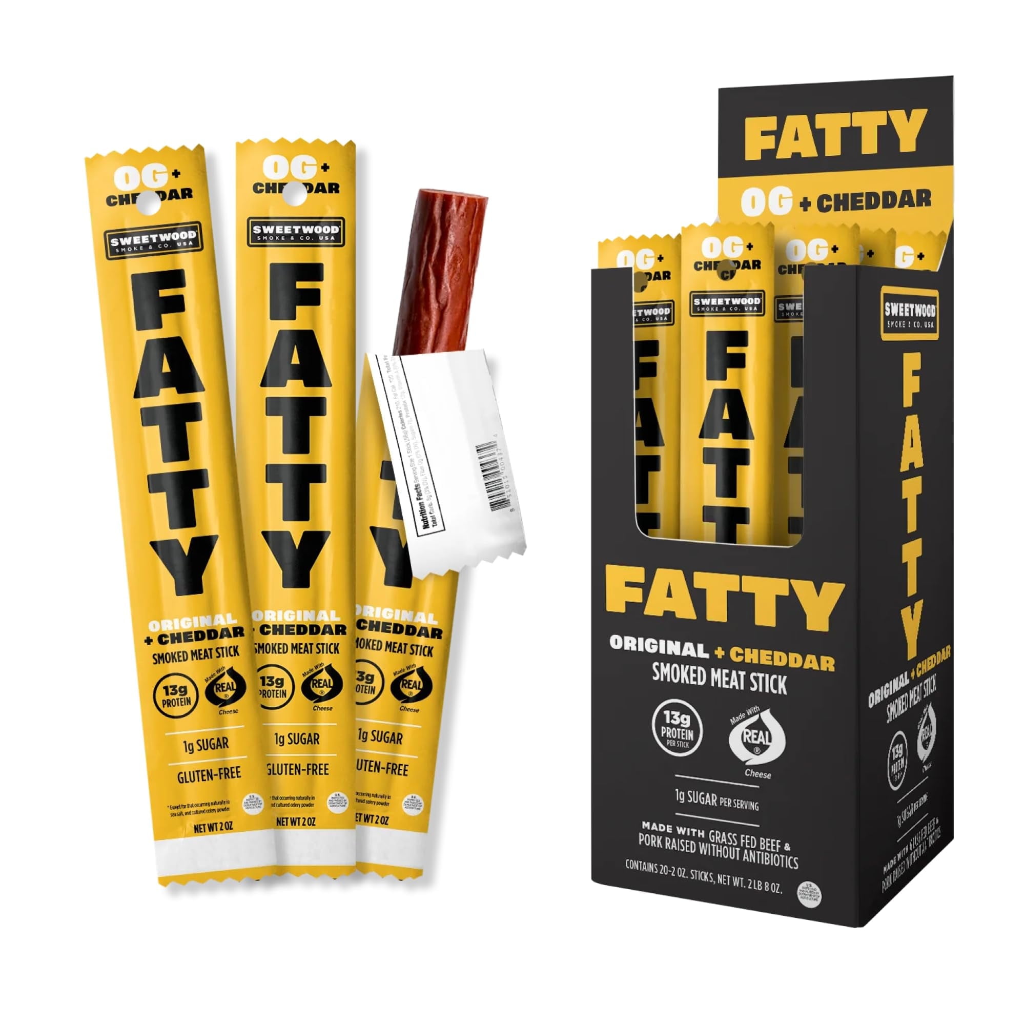FATTY Meat Sticks, Grass-Fed Beef, High Protein Snack, Low Carb, Gluten Free, MSG Free, Nitrate Free, Original & Cheddar Flavor, 2 Ounce (Pack of 20)