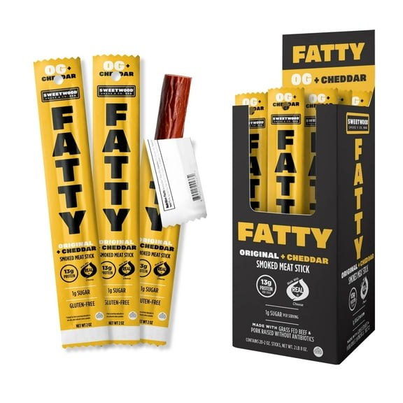 FATTY Meat Sticks, Grass-Fed Beef, High Protein Snack, Low Carb, Gluten Free, MSG Free, Nitrate Free, Original & Cheddar Flavor, 2 Ounce (Pack of 20)