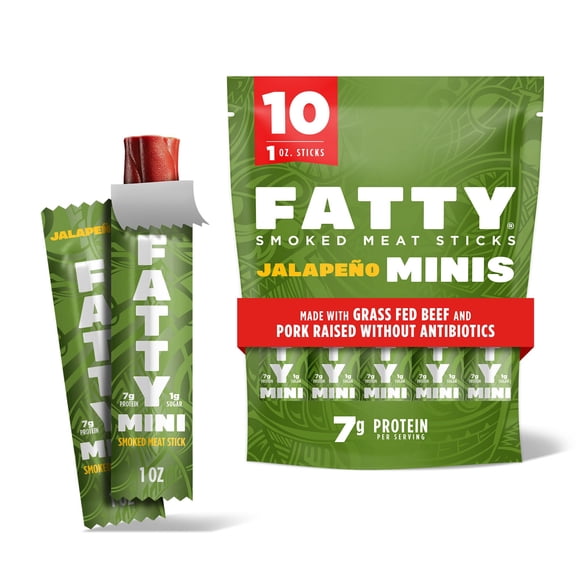 FATTY Mini Meat Sticks, Made with Grass Fed Beef, Pork Raised Without Antibiotics, 7g Protein Per Stick, Jalapeno Minis, 1 oz. Sna
