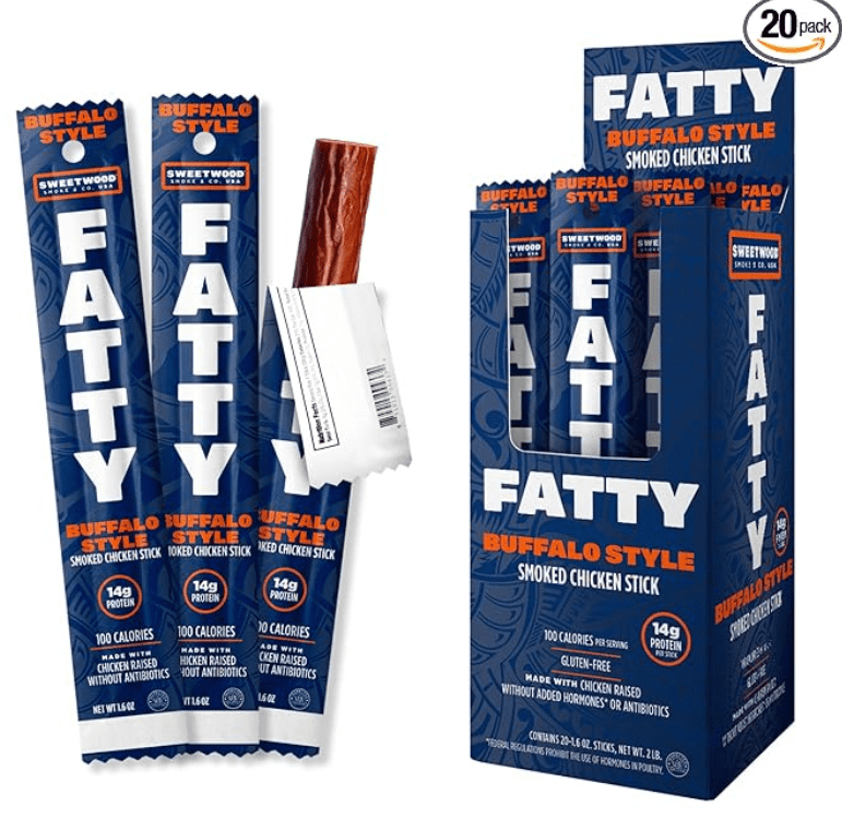 FATTY Smoked Chicken Sticks Raised Without Added Antibiotics, Buffalo Flavor, 14g Protein Per Stick, 1.6 oz. (Pack of 20)