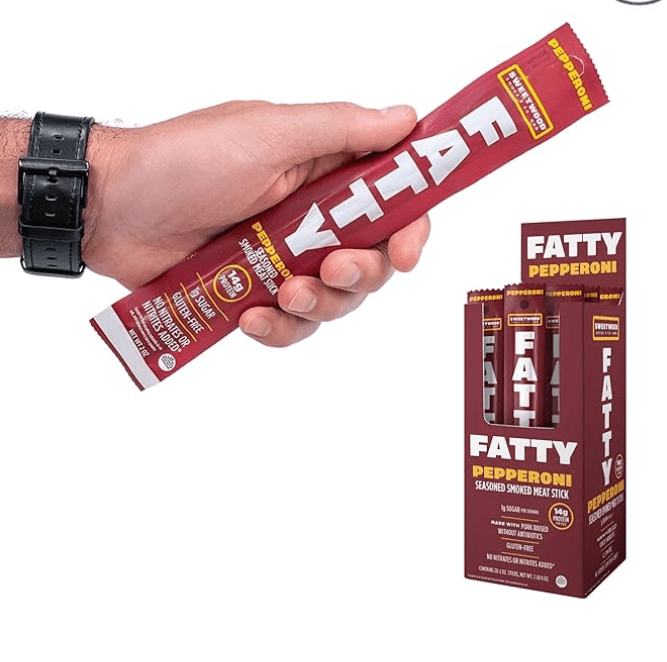 FATTY Smoked Pork Meat DMF15 Sticks Raised Without Antibiotics, Pepperoni Flavor, 21g Protein Per Stick, 2 oz. (Pack of 20)