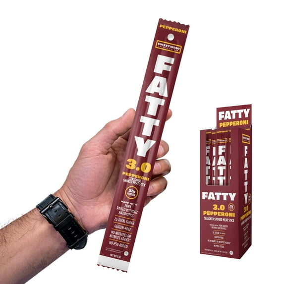 FATTY Smoked Pork Meat DMF15 Sticks Raised Without Antibiotics, Pepperoni Flavor, 21g Protein Per Stick, 3 oz. (Pack of 20)