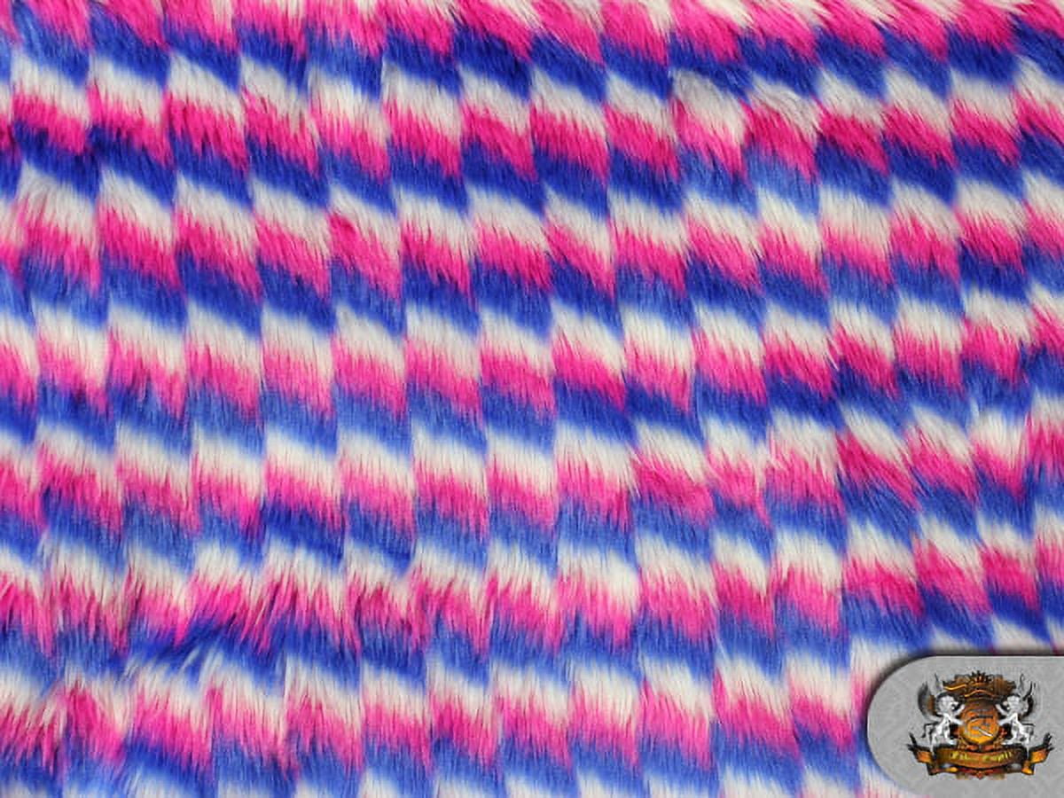 FAUX FUR LONG PILE ZIG ZAG PINK BLUE WHITE / BY THE YARD