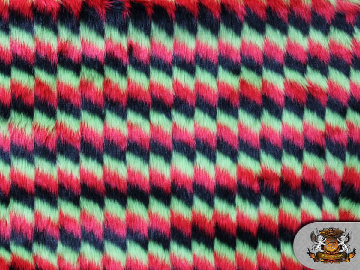 FAUX FUR LONG PILE ZIG ZAG RED BLACK GREEN / BY THE YARD