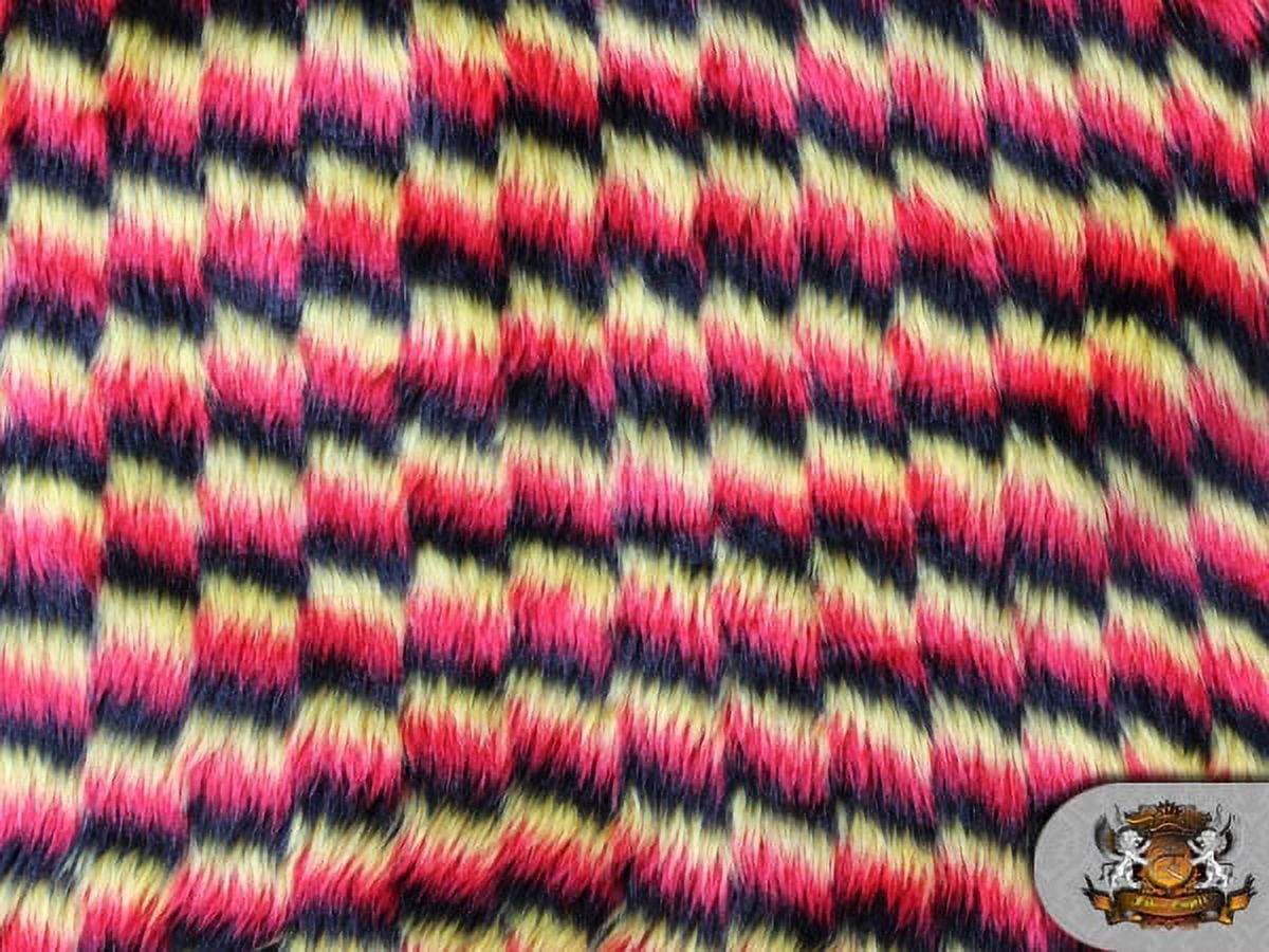 FAUX FUR LONG PILE ZIG ZAG RED BLACK YELLOW / BY THE YARD