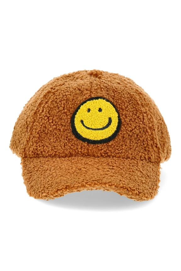 Boys Faux Shearling Baseball Hat with Smiley Patch, One Size Fits Most