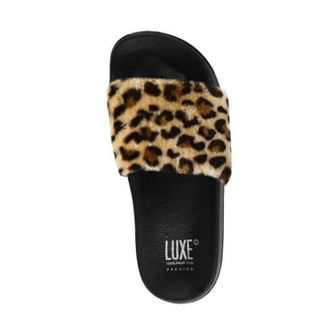 FAUX SHEEPSKIN FUR SLIDES - LEOPARD W/BLACK SOLE SIZE 11/12