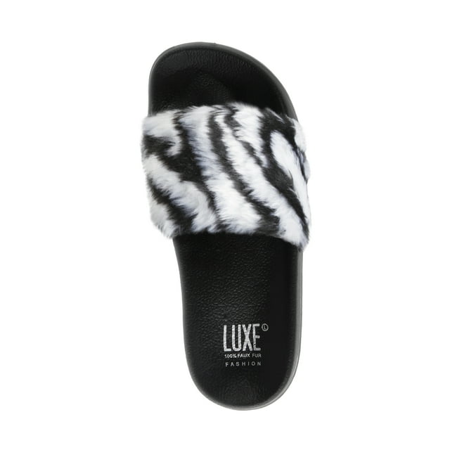 FAUX SHEEPSKIN FUR SLIDES - ZEBRA W/BLACK SOLE SIZE 7/8