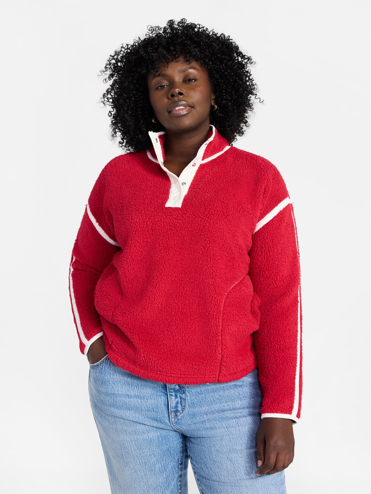 Terra & Sky Women's Plus Size Faux Shearling Quarter Snap Pullover, Sizes 0X-4X