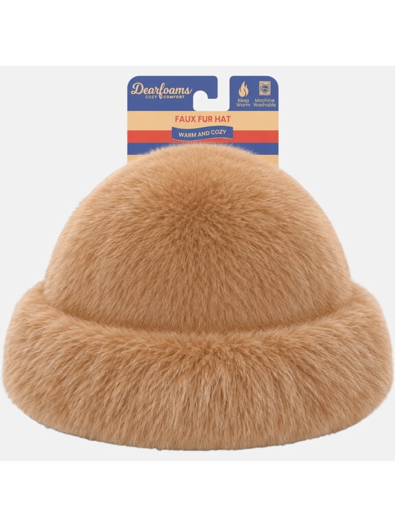 Micro Pile Faux Fur Cap With Long Faux Fur Cuff, Tan
