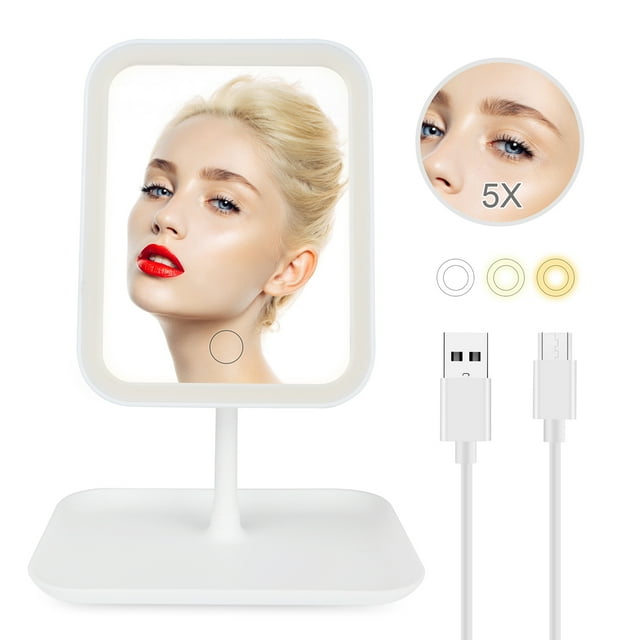 FAV LED Makeup Mirror w/ Storage, Light up Magnifying Mirror Rechargeable Rotatable w/ 3 Light