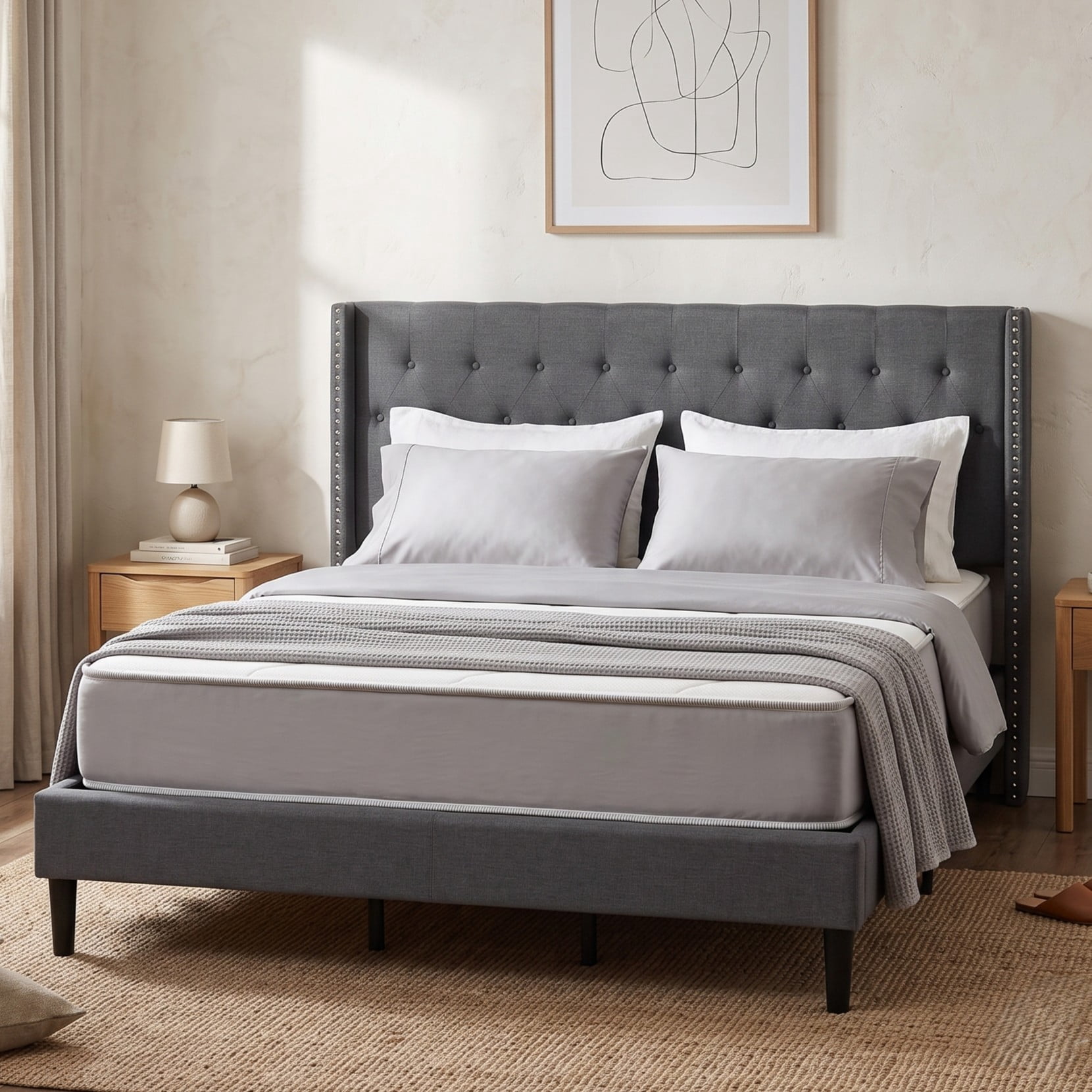 FAVEROR Carlisle King Tufted Upholstered Wingback Platform Bed